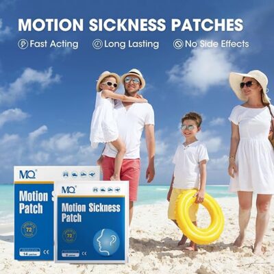 MQ 14 ct Motion Sickness Patches Non Drowsy Sea Sickness Patch for Cruise Travel Essentials, Waterproof Car Sick Patches behind Ear Fast Acting & Long Last 72H, 1 Pair of Wristbands as a Bonus - Image 2