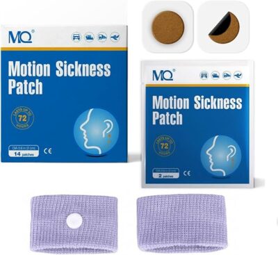 MQ 14 ct Motion Sickness Patches Non Drowsy Sea Sickness Patch for Cruise Travel Essentials, Waterproof Car Sick Patches behind Ear Fast Acting & Long Last 72H, 1 Pair of Wristbands as a Bonus