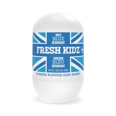 Fresh Kidz Roll On Deodorant for Kids and Teens - Baking Soda and Aluminum-free 24 Hour Protection for Sensitive Skin - Boys "Blue" 1.86 fl.oz.