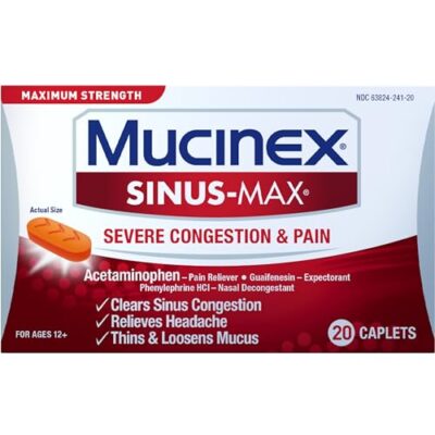 Mucinex Sinus Max Severe Congestion & Pain Relief, Maximum Strength Nasal & Sinus Relief, Decongestant for Adults, Acetaminophen Pain Reliever, Guaifenesin Expectorant and Mucus Removal, 20 Caplets - Image 9
