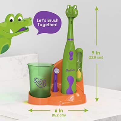 Brusheez? Kids? Electric Toothbrush Set - Safe & Effective for Ages 3+ - Parent Tested & Approved with Gentle Bristles, 2 Brush Heads, Rinse Cup, 2-Minute Timer, & Storage Base (Snappy The Croc) - Image 5