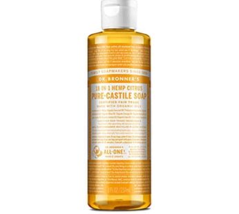 Dr. Bronner’s – Pure-Castile Liquid Soap (Citrus, 8 ounce) – Made with Organic Oils, 18-in-1 Uses: Face, Body, Hair, Laundry, Pets and Dishes, Concentrated, Vegan, Non-GMO