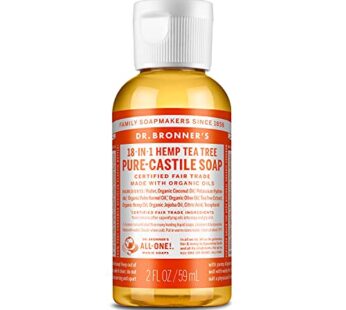 Dr. Bronner’s – Pure-Castile Liquid Soap (Tea Tree, 2 ounce) – Made with Organic Oils, 18-in-1 Uses: Acne-Prone Skin, Dandruff, Laundry, Pets and Dishes, Concentrated, Vegan, Non-GMO