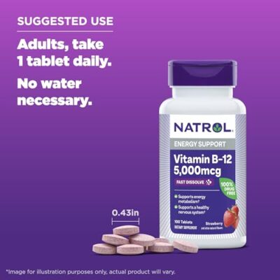 Natrol Vitamin B12 Fast Dissolve Tablets, Promotes Energy, Supports a Healthy Nervous System, Maximum Strength, Strawberry Flavor, 5,000mcg, 100 Count - Image 6