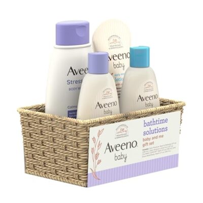 Aveeno Baby Bathtime Solutions Baby & Me Gift Set with Baby Wash & Shampoo, Calming Baby Bath, Baby Daily Moisturizing Lotion & Stress Relief Body Wash for Mom, Oatmeal, 4 Items - Image 3