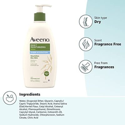 Aveeno Sheer Hydration Daily Moisturizing Fragrance-Free Lotion with Nourishing Prebiotic Oat, Fast-Absorbing Body Moisturizer for Dry Skin with Lightweight, Breathable Feel, 18 fl. oz - Image 13