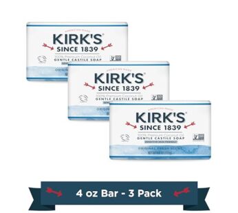 Kirk’s Castile Bar Soap Clean Soap for Men, Women & Children| Premium Coconut Oil | Sensitive Skin Formula, Vegan | Original Fresh Scent | 4 oz. Bars – 3 Pack