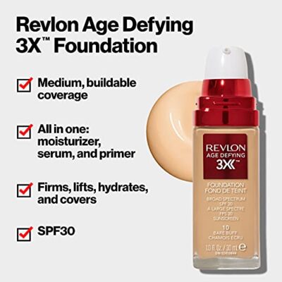 Revlon Liquid Foundation, Age Defying 3XFace Makeup, Anti-Aging and Firming Formula, SPF 30, Longwear Medium Buildable Coverage with Natural Finish, 010 Bare Buff, 1 Fl Oz - Image 2