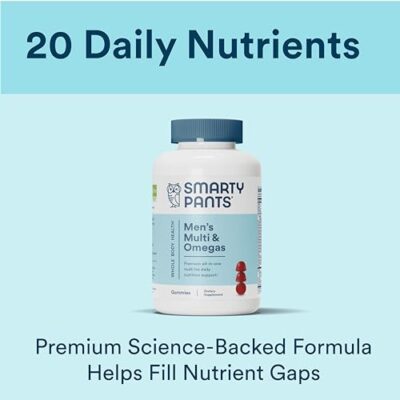 SmartyPants Multivitamin for Men, Gummies: Omega 3 Fish Oil (EPA/DHA), Methylfolate, CoQ10, Vitamin D3, C, Vitamin B12, B6, Vitamin A, K & Zinc for Immune Support, 180 Gummies (30 Day Supply) - Image 4