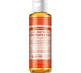 Dr. Bronner’s – Pure-Castile Liquid Soap (Tea Tree, 4 Ounce) – Made with Organic Oils, 18-in-1 Uses: Acne-Prone Skin, Dandruff, Laundry, Pets and Dishes, Concentrated, Vegan, Non-GMO