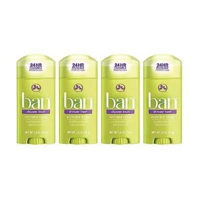 Ban Shower Fresh 24-hour Invisible Antiperspirant, Solid Deodorant for Women and Men, Underarm Wetness Protection, with Odor-fighting Ingredients, 2.6 Ounce, 4 Count (Pack of 1)