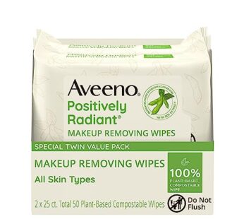 Aveeno Positively Radiant Oil-Free Makeup Removing Face Wipes to Help Even Skin Tone and Texture with Moisture-Rich Soy Extract, Gentle Facial Cleansing Wipes, Twin Pack, 2 x 25 ct.