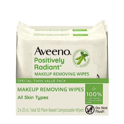 Aveeno Positively Radiant Oil-Free Makeup Removing Face Wipes to Help Even Skin Tone and Texture with Moisture-Rich Soy Extract, Gentle Facial Cleansing Wipes, Twin Pack, 2 x 25 ct.