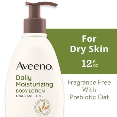 Aveeno Daily Moisturizing Body Lotion with Soothing Prebiotic Oat, Gentle Lotion Nourishes Dry Skin With Moisture, Paraben-, Dye- & Fragrance-Free, Non-Greasy & Non-Comedogenic, 12 fl. Oz - Image 2