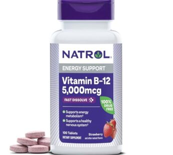 Natrol Vitamin B12 Fast Dissolve Tablets, Promotes Energy, Supports a Healthy Nervous System, Maximum Strength, Strawberry Flavor, 5,000mcg, 100 Count