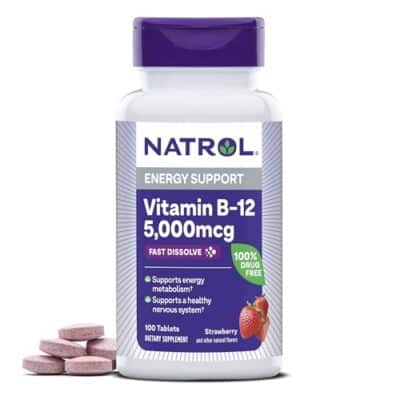 Natrol Vitamin B12 Fast Dissolve Tablets, Promotes Energy, Supports a Healthy Nervous System, Maximum Strength, Strawberry Flavor, 5,000mcg, 100 Count