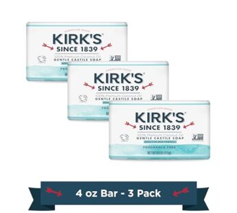 Kirk’s Castile Bar Soap Clean Soap for Men, Women & Children | Premium Coconut Oil | Sensitive Skin Formula, Vegan | Fragrance-Free/Unscented | 4 oz. Bars – 3 Pack