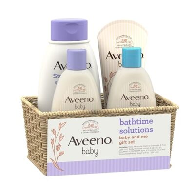 Aveeno Baby Bathtime Solutions Baby & Me Gift Set with Baby Wash & Shampoo, Calming Baby Bath, Baby Daily Moisturizing Lotion & Stress Relief Body Wash for Mom, Oatmeal, 4 Items - Image 6