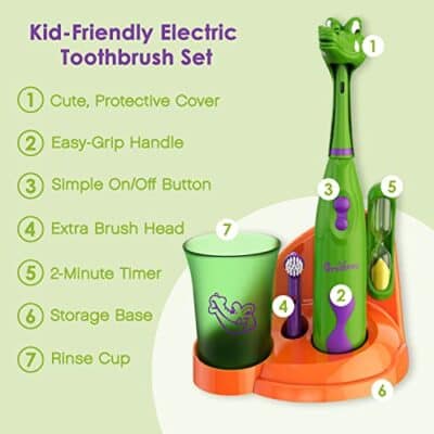 Brusheez? Kids? Electric Toothbrush Set - Safe & Effective for Ages 3+ - Parent Tested & Approved with Gentle Bristles, 2 Brush Heads, Rinse Cup, 2-Minute Timer, & Storage Base (Snappy The Croc) - Image 3