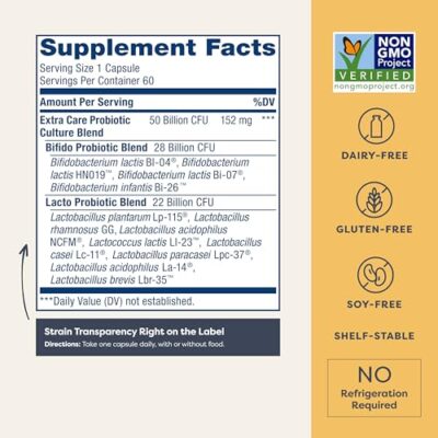 Renew Life Extra Care Digestive Probiotic Capsules, 50 Billion CFU Guaranteed, Daily Supplement Supports Immune, Digestive, Respiratory Health(1), L. Rhamnosus GG, Dairy, Soy and Gluten-Free, 60 Count - Image 2