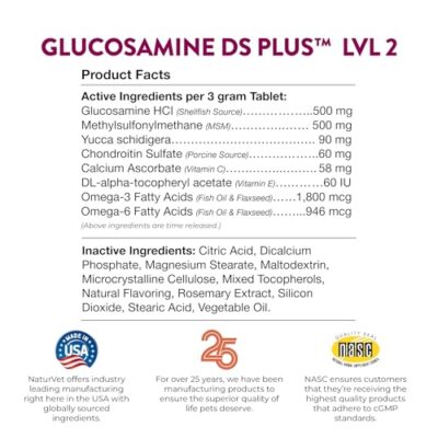 NaturVet Glucosamine DS Plus Level 2 Moderate Care Joint Support Supplement for Dogs and Cats, Chewable Tablets Time Release, Made in The USA, 240 Count - Image 8