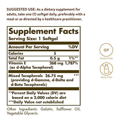 Solgar Vitamin E 268 MG (400 IU) (d-Alpha Tocopherol & Mixed Tocopherols), 100 Softgels - Supports Immune System & Skin Nutrition - Natural Antioxidant - Gluten Free, Dairy Free - 100 Servings - Image 2