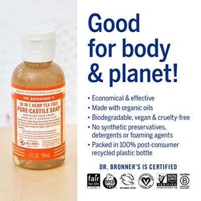 Dr. Bronner's - Pure-Castile Liquid Soap (Tea Tree, 2 ounce) - Made with Organic Oils, 18-in-1 Uses: Acne-Prone Skin, Dandruff, Laundry, Pets and Dishes, Concentrated, Vegan, Non-GMO - Image 4
