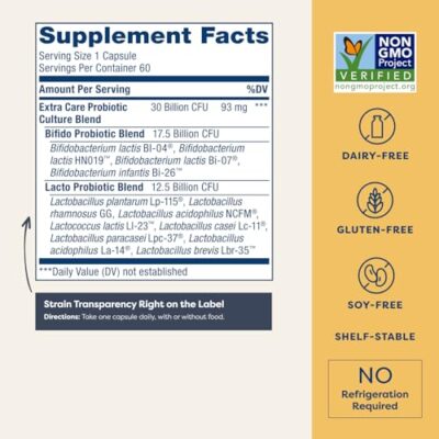 Renew Life Extra Care Probiotic Capsules, Daily Supplement Supports Immune, Digestive and Respiratory Health, L. Rhamnosus GG, Dairy, Soy and gluten-free, 30 Billion CFU, 60 Count - Image 2