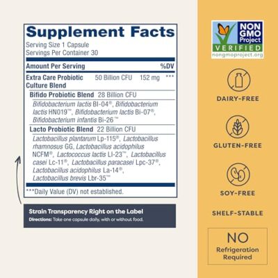 Renew Life Extra Care Digestive Probiotic Capsules, 50 Billion CFU Guaranteed, Daily Supplement Supports Immune, Digestive, Respiratory Health(1), L. Rhamnosus GG, Dairy, Soy and Gluten-Free, 30 Count - Image 2