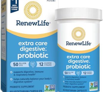 Renew Life Extra Care Digestive Probiotic Capsules, 50 Billion CFU Guaranteed, Daily Supplement Supports Immune, Digestive, Respiratory Health(1), L. Rhamnosus GG, Dairy, Soy and Gluten-Free, 60 Count