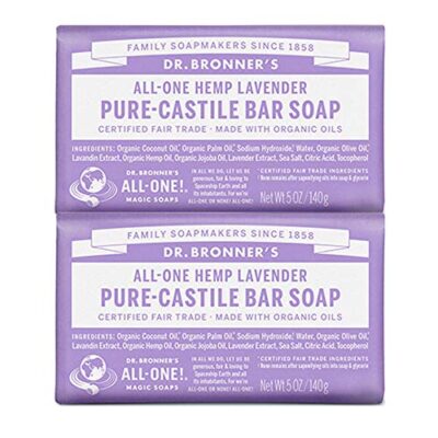 Dr. Bronner's - Pure-Castile Bar Soap (Lavender, 5 ounce, 2-Pack) - Made with Organic Oils, For Face, Body and Hair, Gentle and Moisturizing, Biodegradable, Vegan, Cruelty-free, Non-GMO