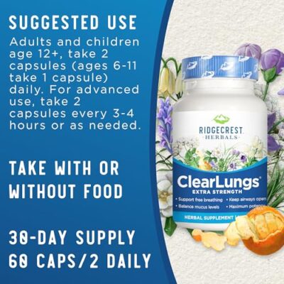 RidgeCrest Herbals ClearLungs Extra Strength, Natural Lung, Nasal Health Formula, Bronchial, Respiratory, Sinus, Mucus Support (60 Caps, 30 Serv) - Image 3