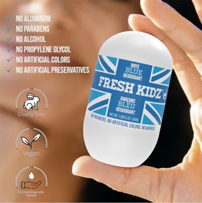 Fresh Kidz Roll On Deodorant for Kids and Teens - Baking Soda and Aluminum-free 24 Hour Protection for Sensitive Skin - Boys "Blue" 1.86 fl.oz. - Image 6