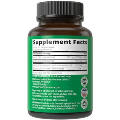 Peak Performance Advanced Vitamin D 5000 IU with All 3 Types of Vitamin K Vitamin D3 and Vitamin K2, K1, MK-7 (MK7), MK4 Supplement. 60 Small and Easy to Swallow Vegetable Pills (5000 IU) - Image 5