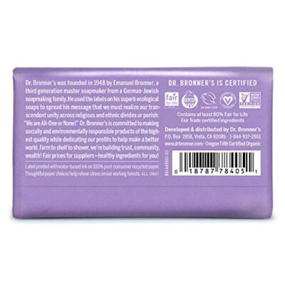 Dr. Bronner's - Pure-Castile Bar Soap (Lavender, 5 ounce, 2-Pack) - Made with Organic Oils, For Face, Body and Hair, Gentle and Moisturizing, Biodegradable, Vegan, Cruelty-free, Non-GMO - Image 2