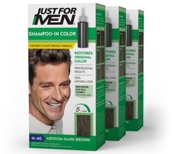 Just For Men Shampoo-In Color (Formerly Original Formula), Mens Hair Color with Keratin and Vitamin E for Stronger Hair – Medium-Dark Brown, H-40, Pack of 3