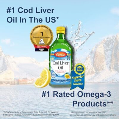 Carlson - Cod Liver Oil, 1100 mg Omega-3s, plus Vitamins A and D3, Wild Caught Norwegian Arctic Cod Liver Oil, Sustainably Sourced Nordic Fish Oil Liquid, Lemon, 500 mL (16.9 Fl Oz) - Image 3
