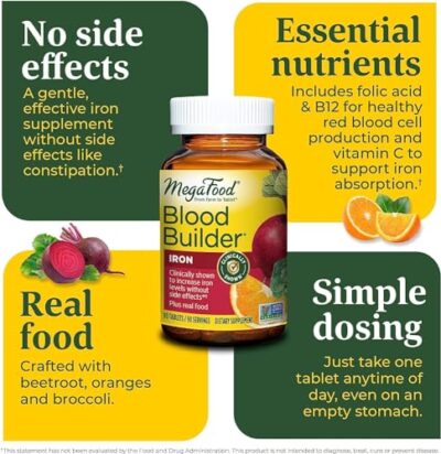 MegaFood Blood Builder - Iron Supplement Clinically Shown to Increase Iron Levels without Side Effects - Iron Supplement for Women with Vitamin C, Vitamin B12 and Folic Acid - Vegan - 90 Tabs - Image 5