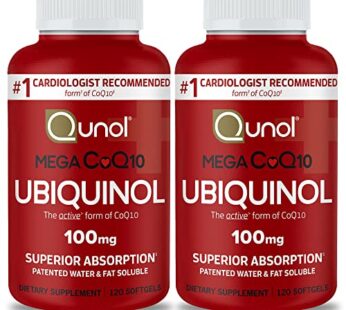 Qunol Mega Ubiquinol CoQ10 100mg Softgels- Superior Absorption – Active form of Coenzyme Q10 for Heart Health – 8 Month Supply – 120 Count (Pack of 2)