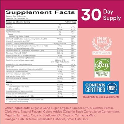 SmartyPants Women's Multivitamin Gummies: Omega 3 Fish Oil (EPA/DHA), Methylfolate, CoQ10, Vitamin D3, C, Vitamin B12, B6, Vitamin A, K & Zinc, Gluten Free, 180 Count (30 Day Supply) - Image 4