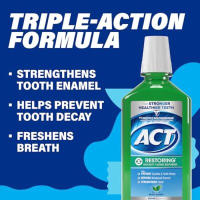 ACT Restoring Zero Alcohol Fluoride Mouthwash 33.8 fl. oz. Strengthens Tooth Enamel, Mint Burst - Image 4