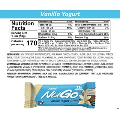 NuGo Protein Bar, Vanilla Yogurt, 11g Protein, 170 Calories, Gluten Free, 1.76 Ounce each, 15 Count (Pack of 1) - Image 6