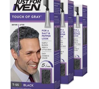 Just For Men Touch of Gray, Mens Hair Color Kit with Comb Applicator for Easy Application, Great for a Salt and Pepper Look – Black, T-55, Pack of 3