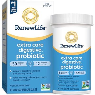 Renew Life Extra Care Digestive Probiotic Capsules, 50 Billion CFU Guaranteed, Daily Supplement Supports Immune, Digestive, Respiratory Health(1), L. Rhamnosus GG, Dairy, Soy and Gluten-Free, 90 Count