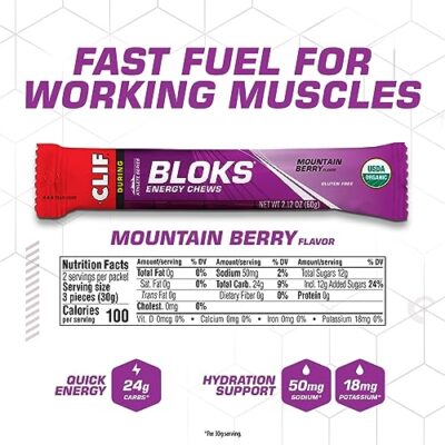 CLIF BLOKS - Mountain Berry Flavor - Energy Chews - Non-GMO - Plant Based - Fast Fuel for Cycling and Running - Quick Carbohydrates and Electrolytes - 2.12 oz. (18 Count) - Image 9