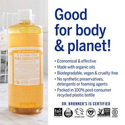 Dr. Bronner's - Pure-Castile Liquid Soap (Citrus, 32 ounce, 2-Pack) - Made with Organic Oils, 18-in-1 Uses: Face, Body, Hair, Laundry, Pets and Dishes, Concentrated, Vegan, Non-GMO - Image 4