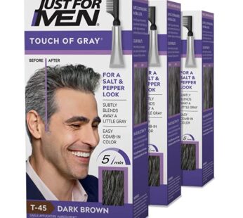 Just For Men Touch of Gray, Mens Hair Color Kit with Comb Applicator for Easy Application, Great for a Salt and Pepper Look – Dark Brown, T-45, Pack of 3