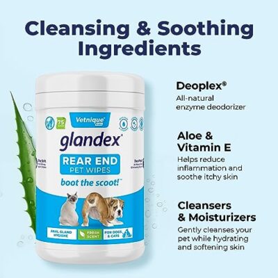 Vetnique Labs Glandex Dog Wipes for Pets Cleansing & Deodorizing Anal Gland Hygienic Dog & Cat Wipes with Vitamin E, Skin Conditioners and Aloe (75ct) - Image 5