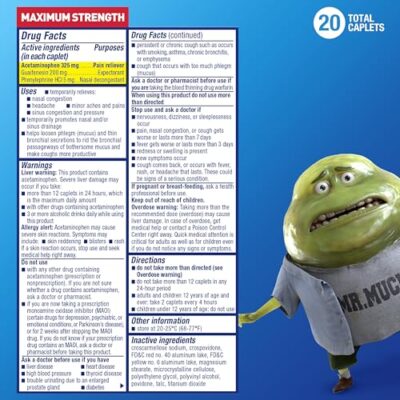 Mucinex Sinus Max Severe Congestion & Pain Relief, Maximum Strength Nasal & Sinus Relief, Decongestant for Adults, Acetaminophen Pain Reliever, Guaifenesin Expectorant and Mucus Removal, 20 Caplets - Image 2