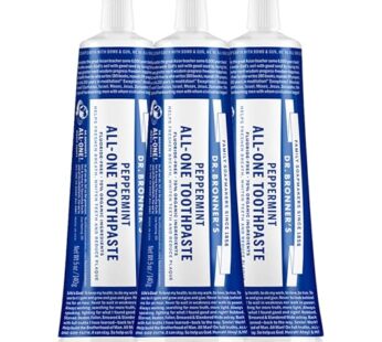 Dr. Bronner?s – All-One Toothpaste (Peppermint, 5 Ounce, 3-Pack) – 70% Organic Ingredients, Natural and Effective, Fluoride-Free, SLS-Free, Helps Freshen Breath, Reduce Plaque, Whiten Teeth, Vegan